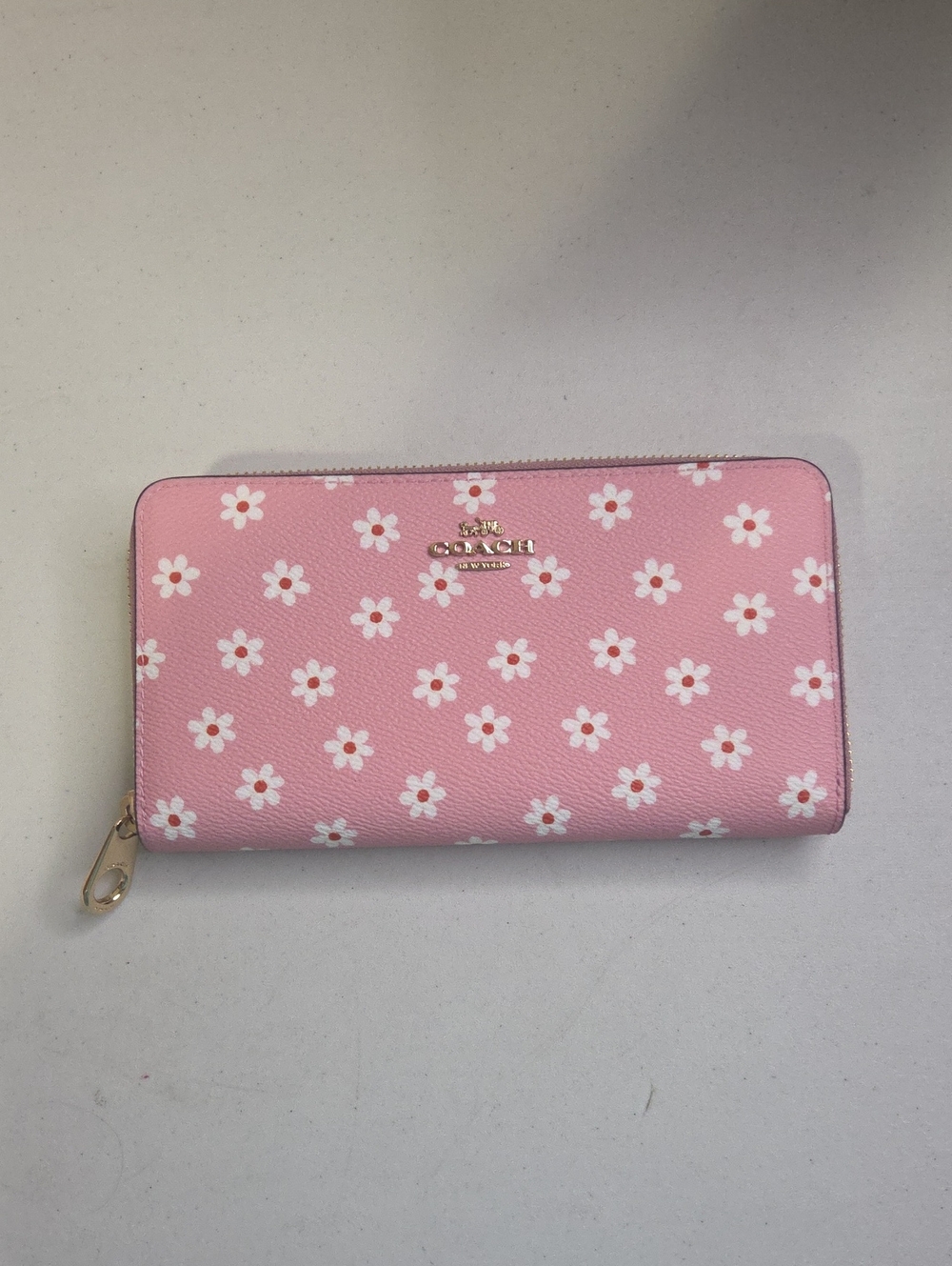 Coach Pink Daisy Zip Wallet with Gold Hardware
